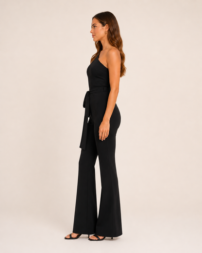 Eleganter Ein-Schulter Jumpsuit mit Bindegürtel für Damen – Figurbetonter Overall mit Schlaghose für Abend & Events