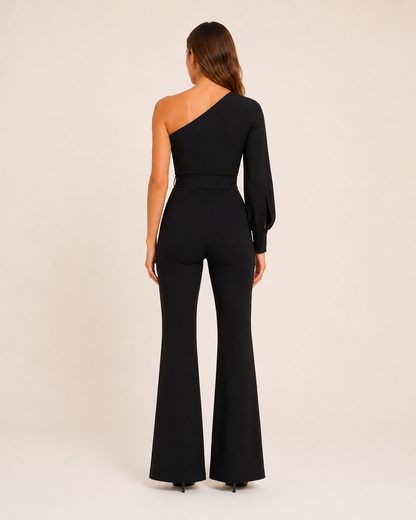 Eleganter Ein-Schulter Jumpsuit mit Bindegürtel für Damen – Figurbetonter Overall mit Schlaghose für Abend & Events