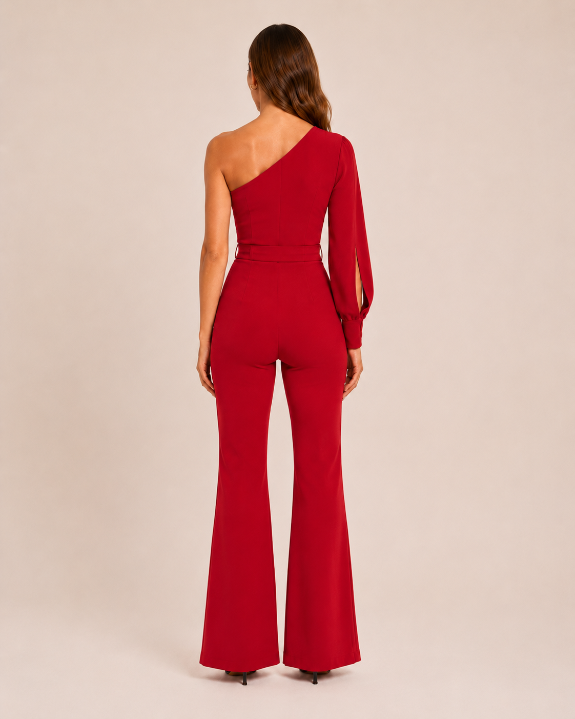 Eleganter Ein-Schulter Jumpsuit mit Bindegürtel für Damen – Figurbetonter Overall mit Schlaghose für Abend & Events
