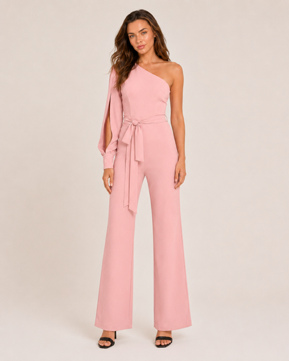 Eleganter Ein-Schulter Jumpsuit mit Bindegürtel für Damen – Figurbetonter Overall mit Schlaghose für Abend & Events