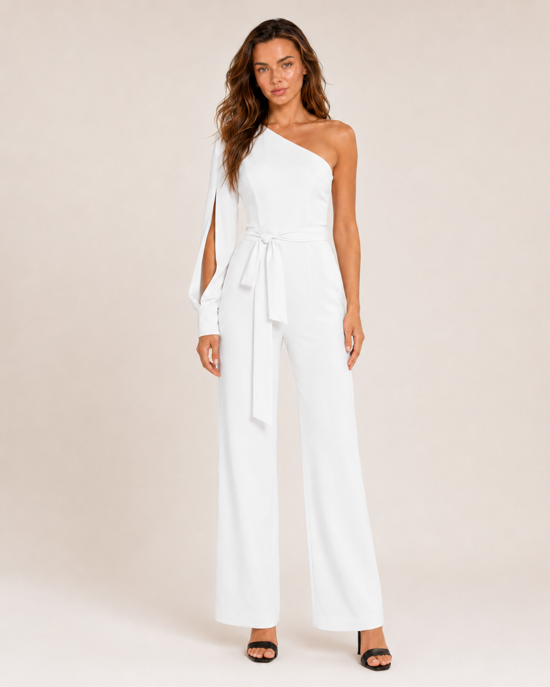 Eleganter Ein-Schulter Jumpsuit mit Bindegürtel für Damen – Figurbetonter Overall mit Schlaghose für Abend & Events