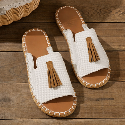 Boho Quasten Sandalen für Damen – Bequeme Sommer Pantoletten mit Ethno-Print