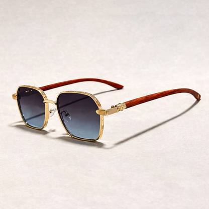 Vintage Sonnenbrille für Damen – Goldrahmen mit Holzoptik-Bügeln & UV400 Schutz