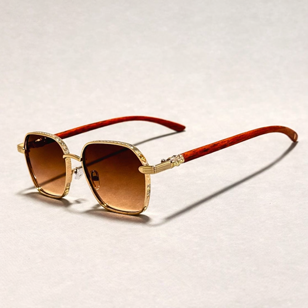 Vintage Sonnenbrille für Damen – Goldrahmen mit Holzoptik-Bügeln & UV400 Schutz