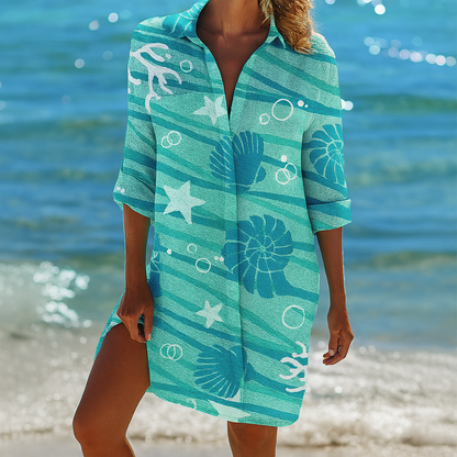 Strand Hemdblusenkleid – lockeres Beach Cover-Up mit Prints & Knopfleiste für Damen