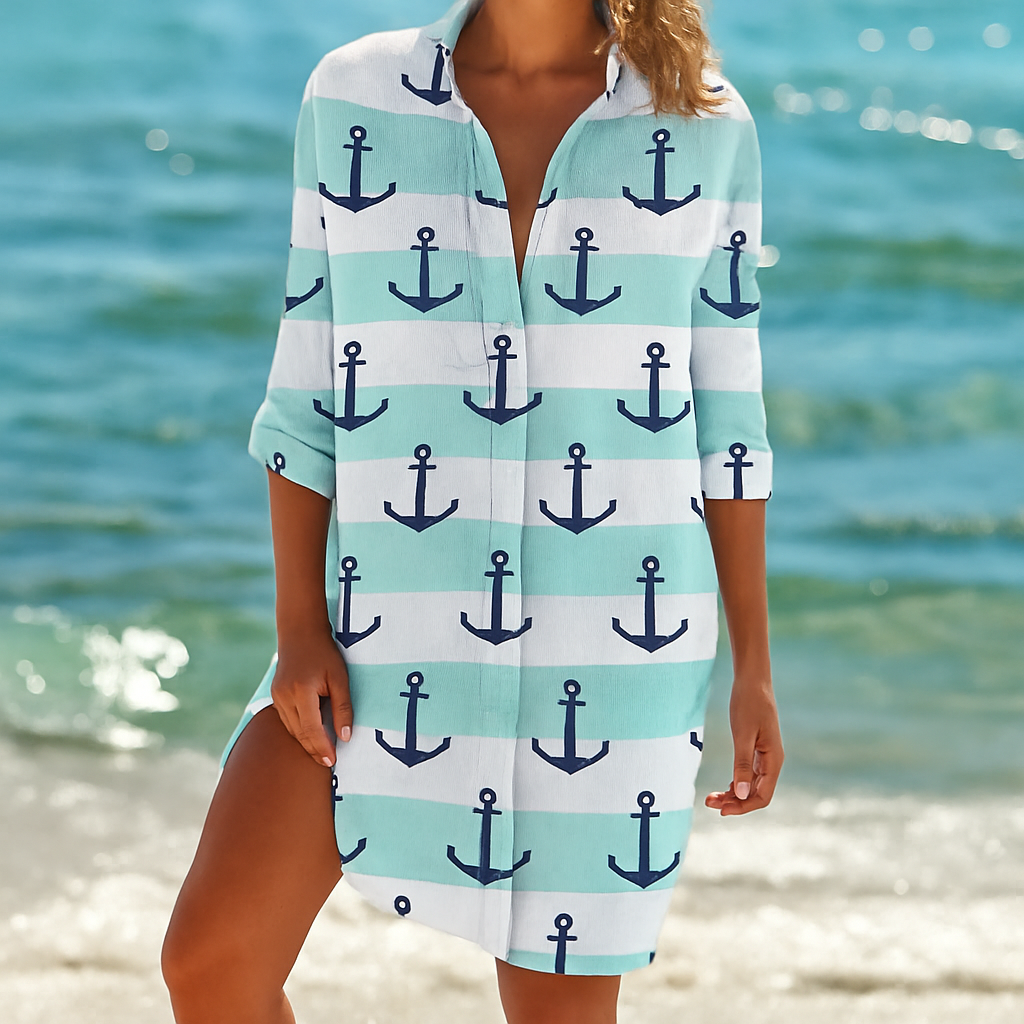 Strand Hemdblusenkleid – lockeres Beach Cover-Up mit Prints & Knopfleiste für Damen
