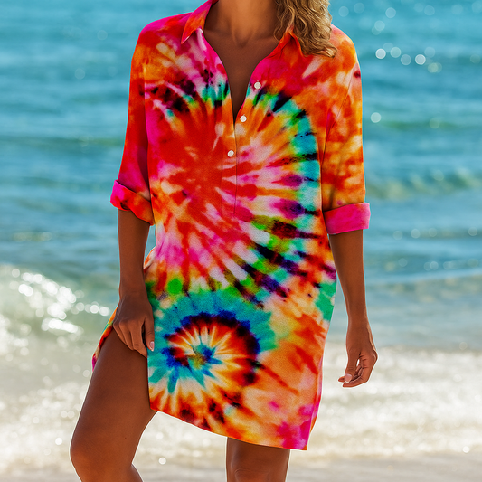 Strand Hemdblusenkleid – lockeres Beach Cover-Up mit Prints & Knopfleiste für Damen