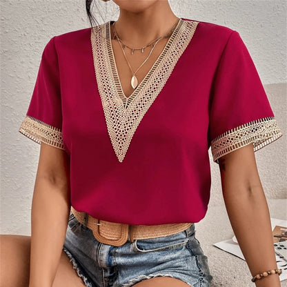 Jovelle - Elegantes Damen-Sommer-T-Shirt mit Häkelkanten und V-Ausschnitt