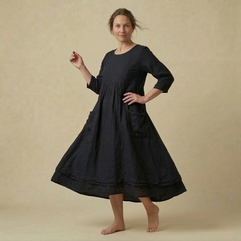 Leichtes Midi Leinenkleid mit Taschen – Luftig & Bequem für Damen