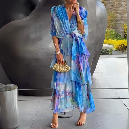 Elegantes Maxikleid für Frauen mit Farbverlauf Luftiges Sommerkleid mit Volants und Gürtel