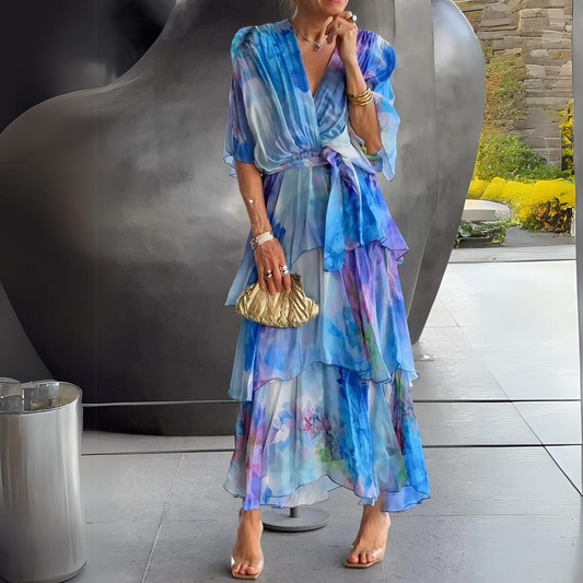 Elegantes Maxikleid für Frauen mit Farbverlauf Luftiges Sommerkleid mit Volants und Gürtel