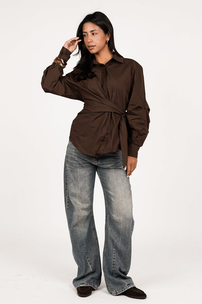 Aubérisse - Oversize-Bluse in Braun mit Seitenschleife, Trendy, für Frauen