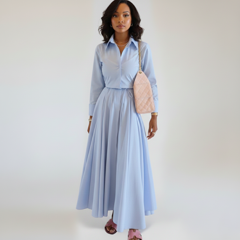 Elegantes Hemdblusen Midi-Kleid mit taillierter Passform & fließendem Rock für Damen – Feminin & Stilvoll