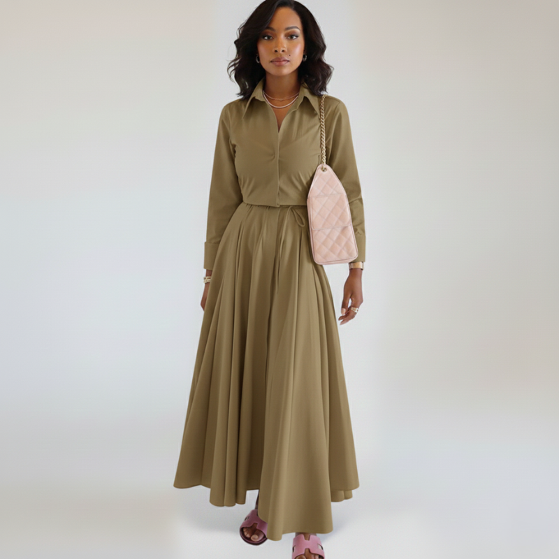Elegantes Hemdblusen Midi-Kleid mit taillierter Passform & fließendem Rock für Damen – Feminin & Stilvoll
