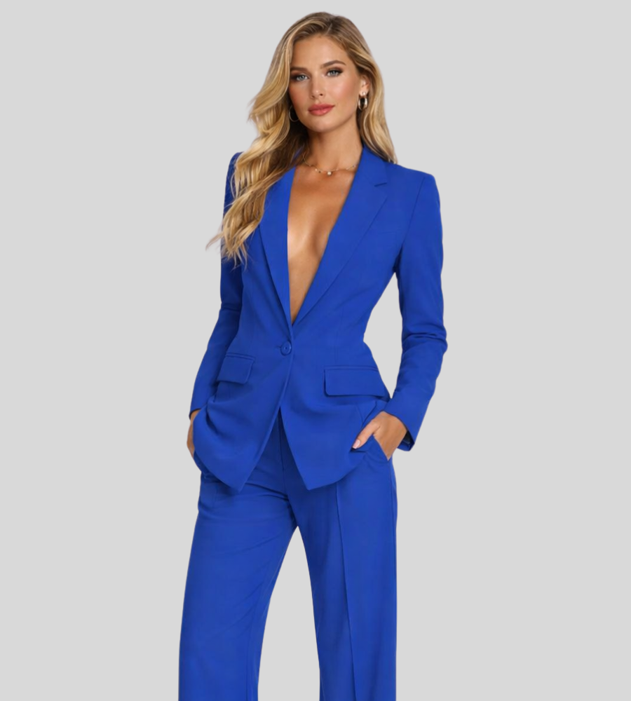 Eleganter Damen Hosenanzug mit Blazer – Tief ausgeschnitten & Weit geschnittene Hose