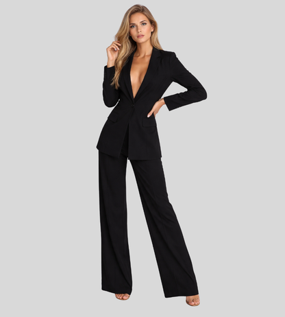 Eleganter Damen Hosenanzug mit Blazer – Tief ausgeschnitten & Weit geschnittene Hose