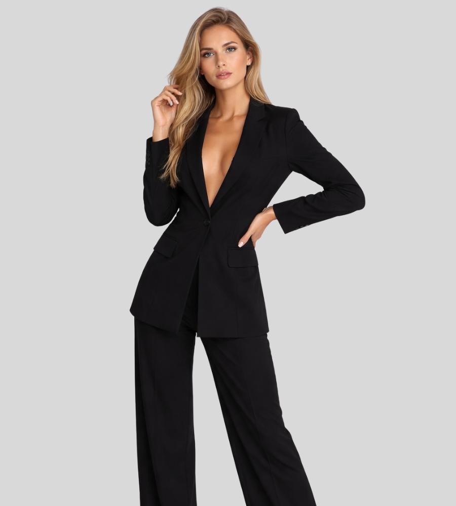 Eleganter Damen Hosenanzug mit Blazer – Tief ausgeschnitten & Weit geschnittene Hose