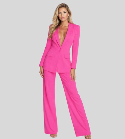 Eleganter Damen Hosenanzug mit Blazer – Tief ausgeschnitten & Weit geschnittene Hose