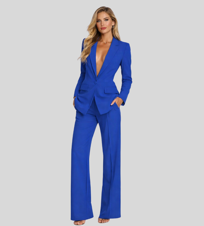 Eleganter Damen Hosenanzug mit Blazer – Tief ausgeschnitten & Weit geschnittene Hose