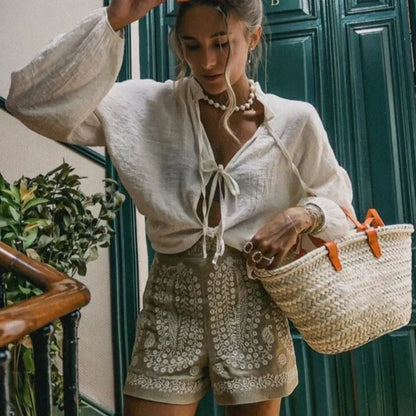 Bestickte High-Waist Shorts für Damen – Boho Sommer Shorts mit Ornamentmuster & lockerer Passform