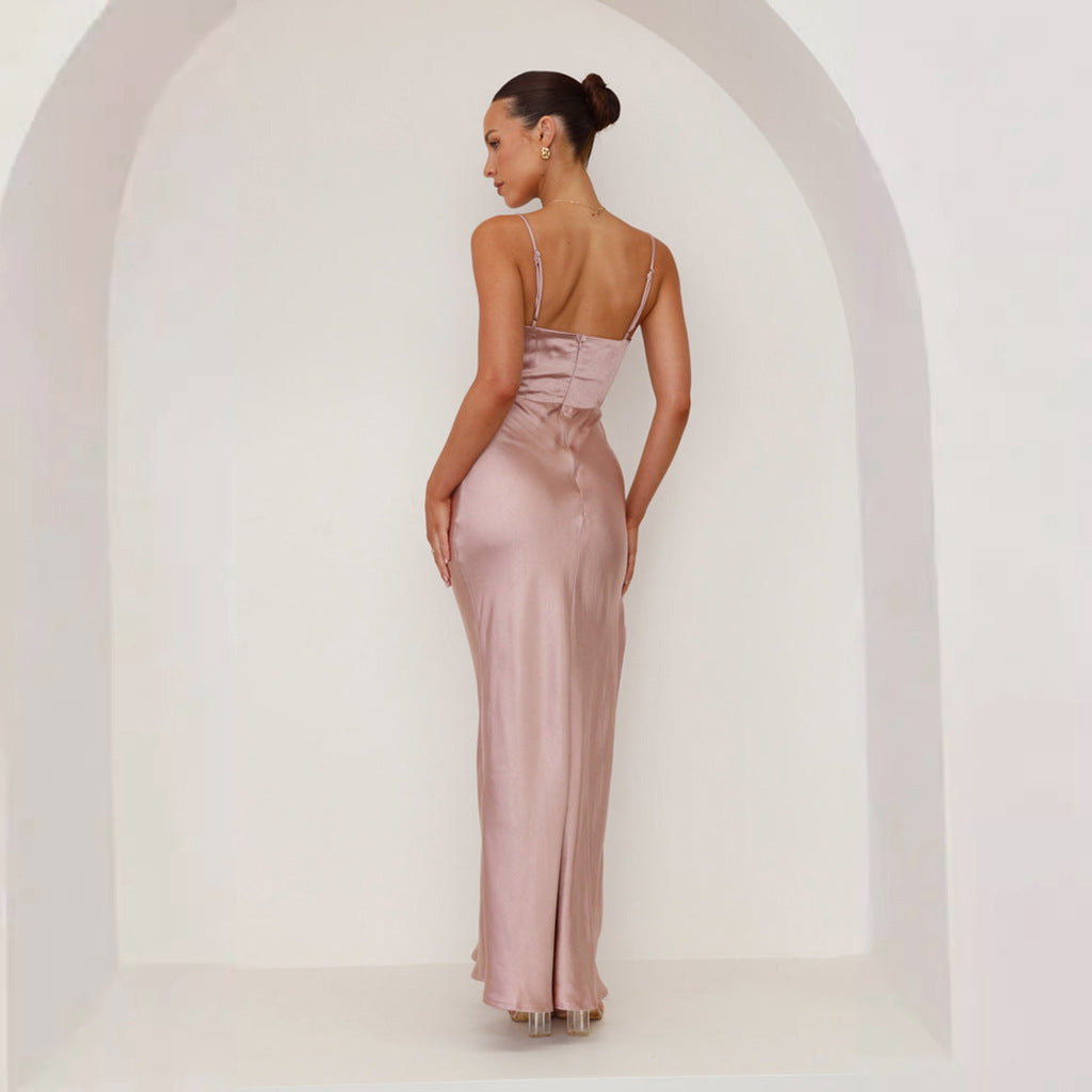 Elegantes Satin-Maxikleid mit Wasserfallausschnitt für Damen – Figurbetontes Abendkleid mit Beinschlitz & Raffdetails