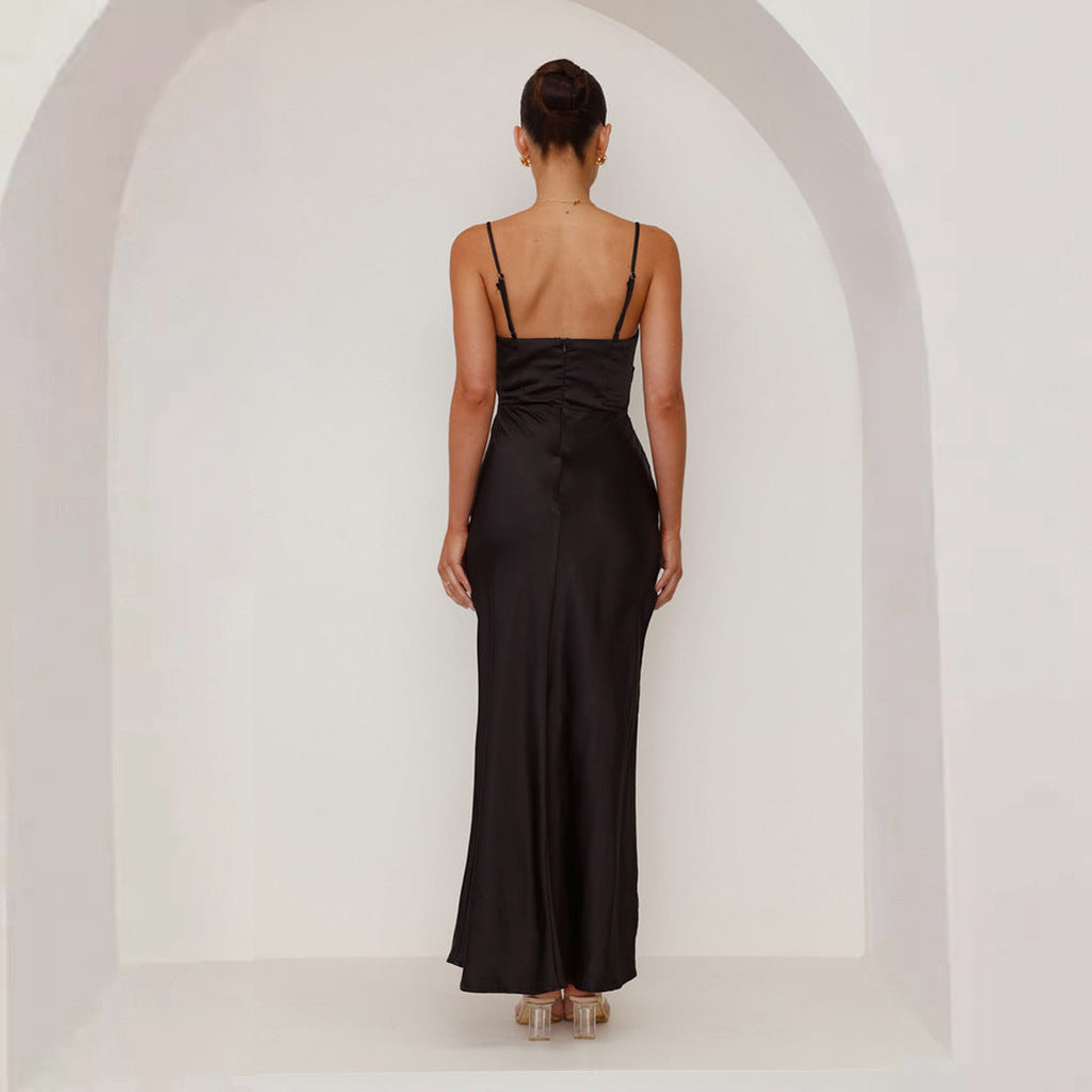 Elegantes Satin-Maxikleid mit Wasserfallausschnitt für Damen – Figurbetontes Abendkleid mit Beinschlitz & Raffdetails