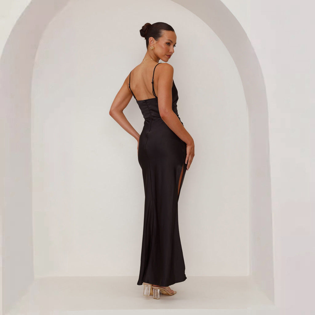 Elegantes Satin-Maxikleid mit Wasserfallausschnitt für Damen – Figurbetontes Abendkleid mit Beinschlitz & Raffdetails