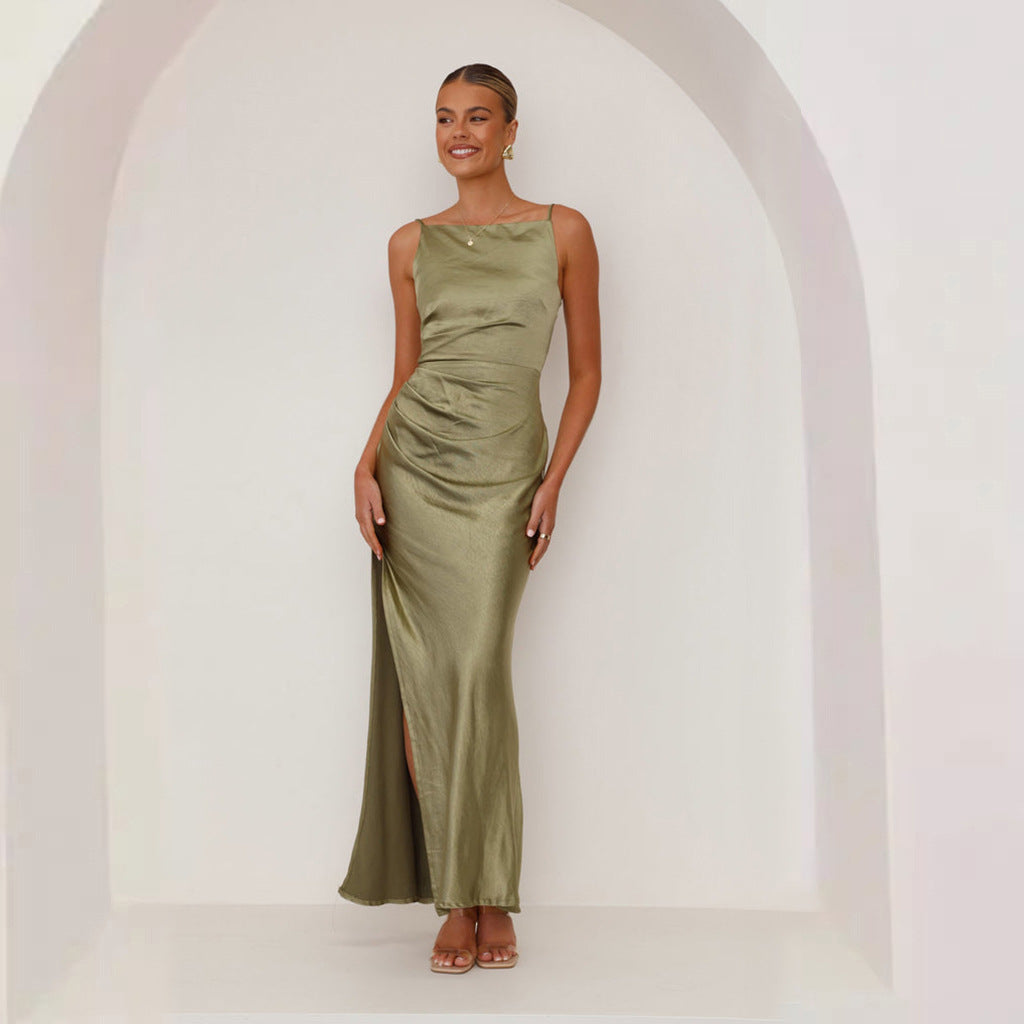 Elegantes Satin-Maxikleid mit Wasserfallausschnitt für Damen – Figurbetontes Abendkleid mit Beinschlitz & Raffdetails