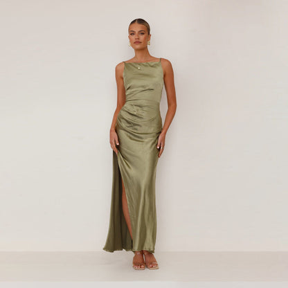 Elegantes Satin-Maxikleid mit Wasserfallausschnitt für Damen – Figurbetontes Abendkleid mit Beinschlitz & Raffdetails
