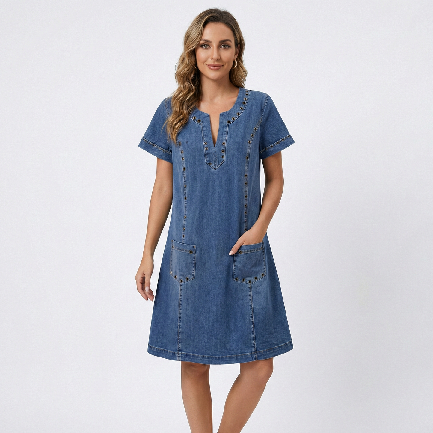 Jeanskleid mit V-Ausschnitt für Damen – Lässiges Kurzarmkleid mit Taschen & Komfortabler Passform