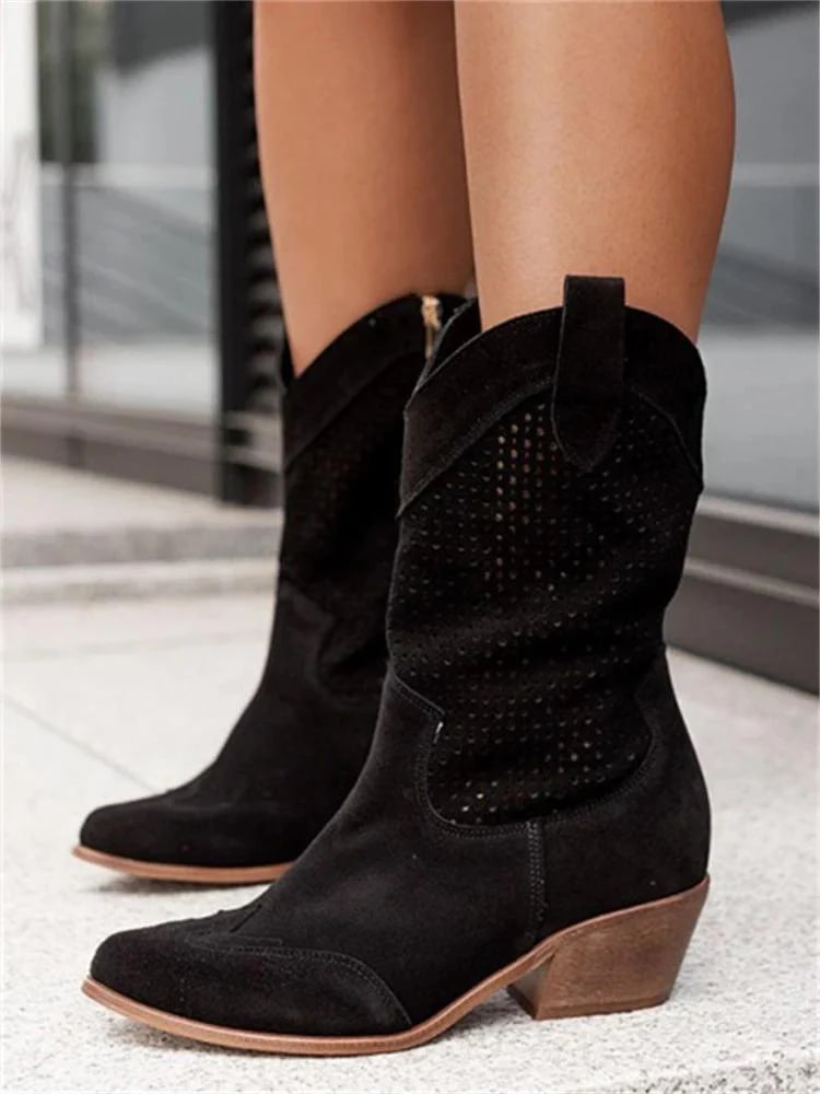 Théa - Western-Stiefeletten mit Perforation | Wildleder | Blockabsatz | Chic Lässig