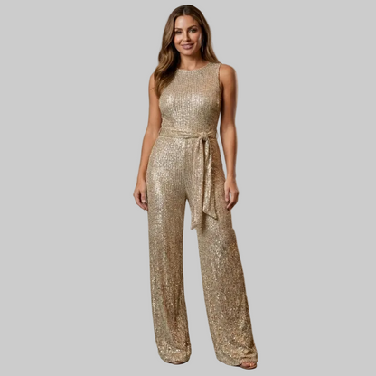 Eleganter Pailletten Jumpsuit mit Bindegürtel & weitem Bein für Damen – Glamourös & Figurbetont