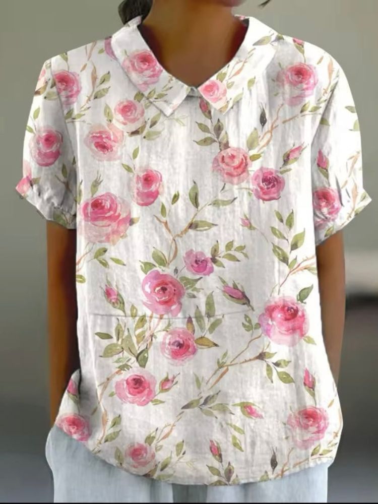 Florale Bluse mit Peter-Pan-Kragen für Damen – Luftiges Kurzarmshirt im Vintage-Stil