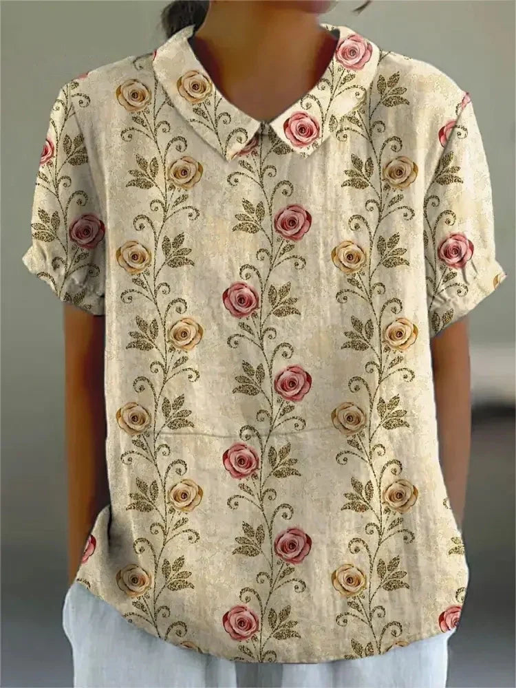 Florale Bluse mit Peter-Pan-Kragen für Damen – Luftiges Kurzarmshirt im Vintage-Stil
