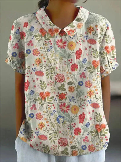 Florale Bluse mit Peter-Pan-Kragen für Damen – Luftiges Kurzarmshirt im Vintage-Stil