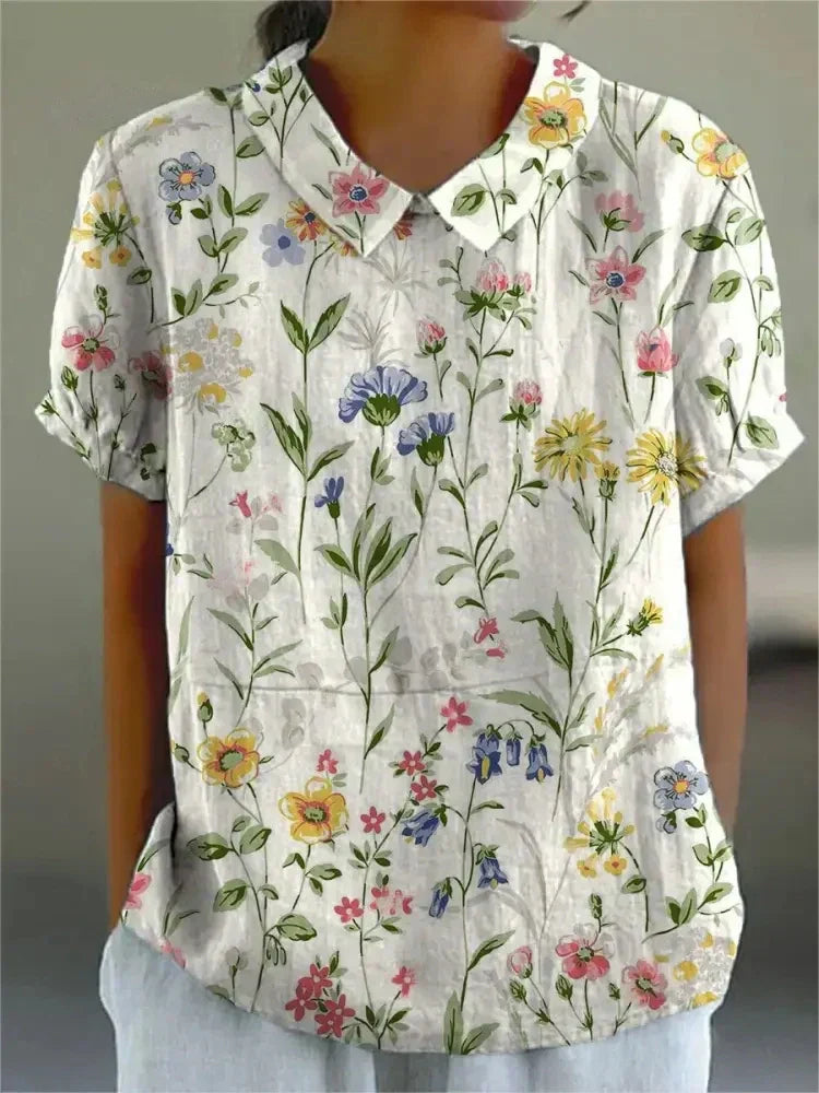 Florale Bluse mit Peter-Pan-Kragen für Damen – Luftiges Kurzarmshirt im Vintage-Stil