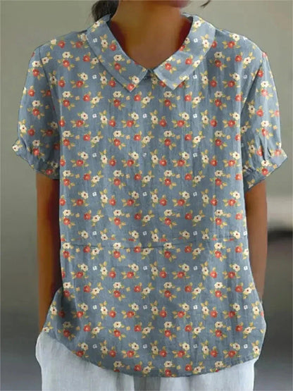 Florale Bluse mit Peter-Pan-Kragen für Damen – Luftiges Kurzarmshirt im Vintage-Stil