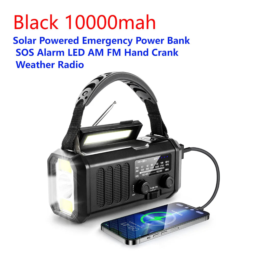 SolariPro - Tragbares Notfallradio AM/FM mit Solar-Handkurbel, LED, wiederaufladbarem Akku 5000mAh/10000mAh, Leselampe und Taschenlampe, SOS-Alarm