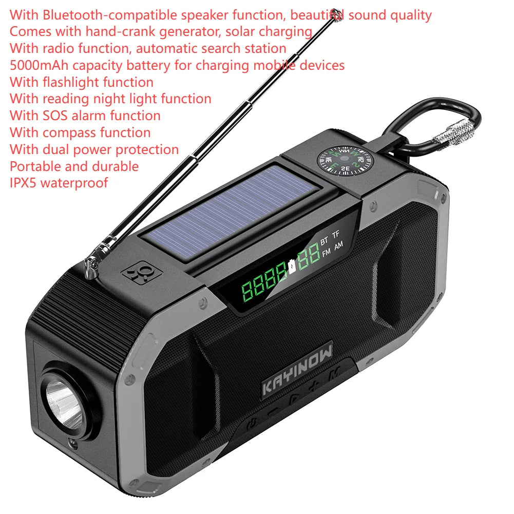 SolariPro - Tragbares Notfallradio AM/FM mit Solar-Handkurbel, LED, wiederaufladbarem Akku 5000mAh/10000mAh, Leselampe und Taschenlampe, SOS-Alarm