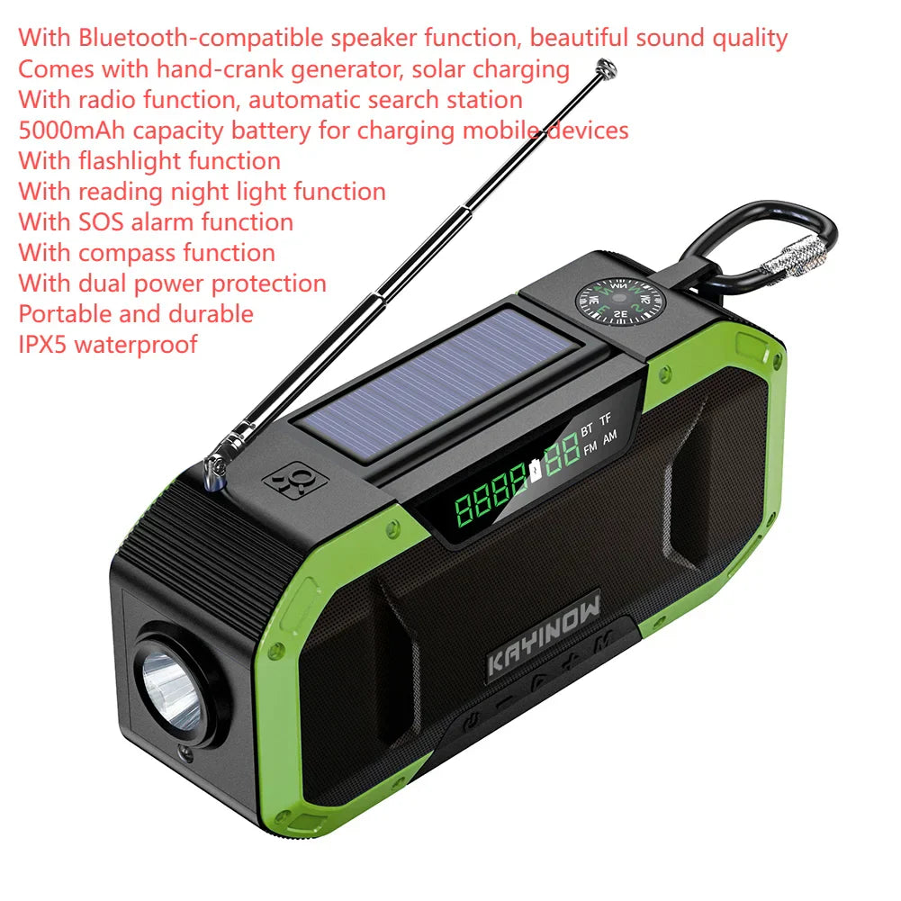 SolariPro - Tragbares Notfallradio AM/FM mit Solar-Handkurbel, LED, wiederaufladbarem Akku 5000mAh/10000mAh, Leselampe und Taschenlampe, SOS-Alarm