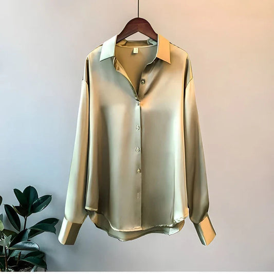 Sophie - Elegante und Luxuriöse Bluse aus Glänzendem Satin mit Knöpfen und Langen Ärmeln für Frauen
