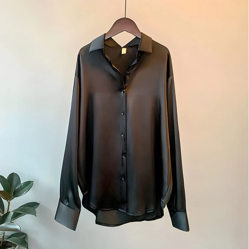 Sophie - Elegante und Luxuriöse Bluse aus Glänzendem Satin mit Knöpfen und Langen Ärmeln für Frauen