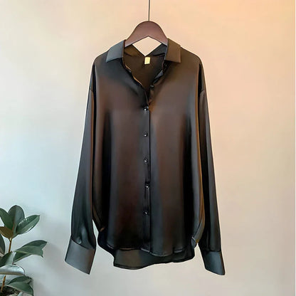 Sophie - Elegante und Luxuriöse Bluse aus Glänzendem Satin mit Knöpfen und Langen Ärmeln für Frauen