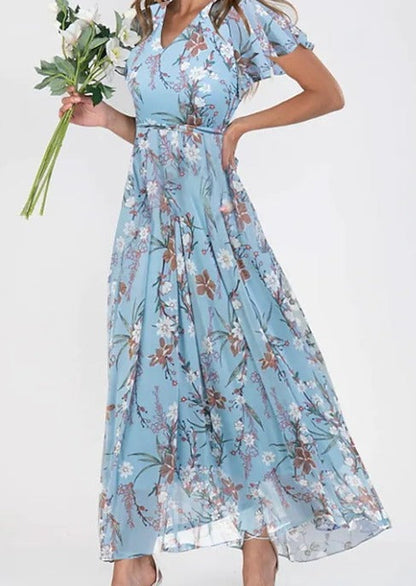 Fließendes Blumen-Maxikleid für Frauen mit V-Ausschnitt und femininem Schnitt