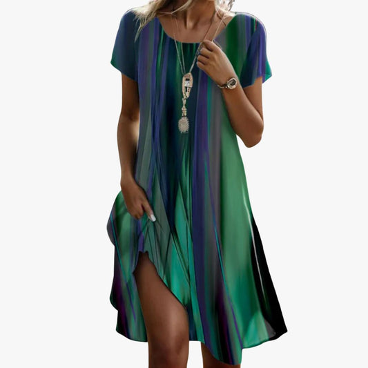 Sorya - Bohème T-Shirt Kleid in Blau-Grün, Bequem und Elegant für Frühling und Sommer, mit Kurzarm und Rundhals
