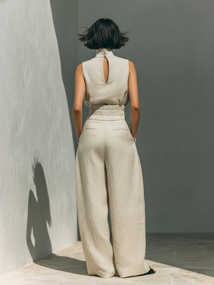 Eleganter Leinen Jumpsuit mit weitem Bein & Stehkragen für Damen – Luftig, Modern & Figurbetont