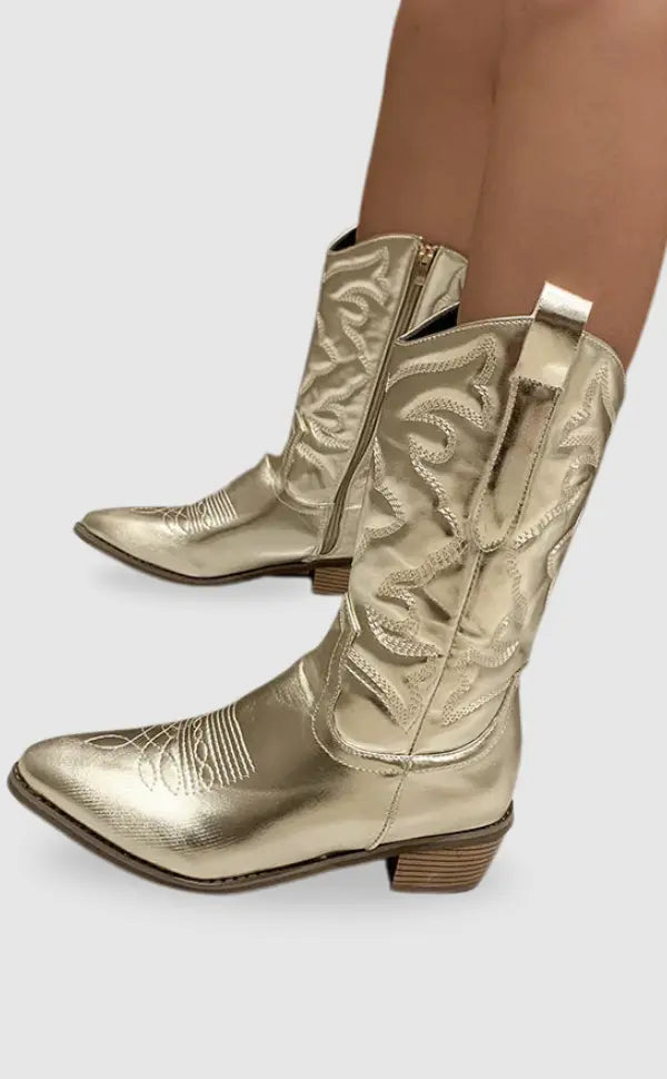 Lunéaëlle - Metallische Bestickte Cowboy-Stiefel im Western-Stil | Must-Have Mode für Frühling und Festivals