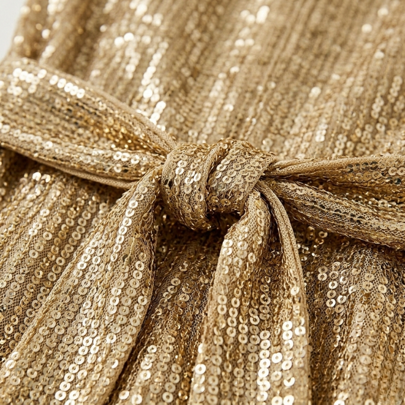 Eleganter Pailletten Jumpsuit mit Bindegürtel & weitem Bein für Damen – Glamourös & Figurbetont