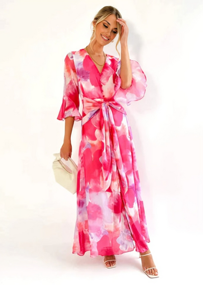 Fließendes Maxikleid mit floralem Print & Taillengürtel für Damen – Elegantes Sommerkleid mit V-Ausschnitt