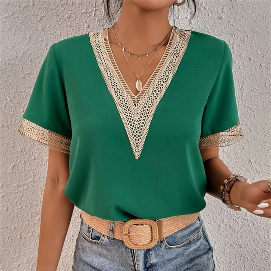 Jovelle - Elegantes Damen-Sommer-T-Shirt mit Häkelkanten und V-Ausschnitt